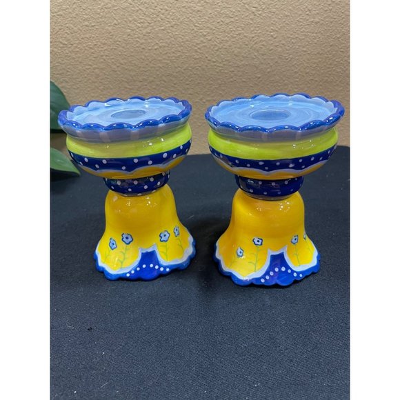 Cupcakes & Cartwheels Kimberly Hodges Blue Yellow Candlestick Set Of 2 - Picture 4 of 11